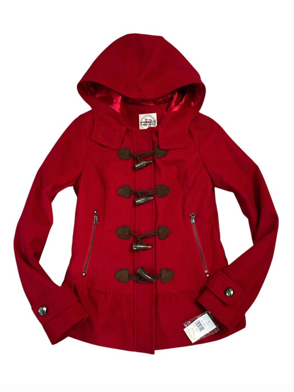 Hydraulic Women’s Size S Small Red Hooded Jacket Peacoat Ruffle Zip & Toggle